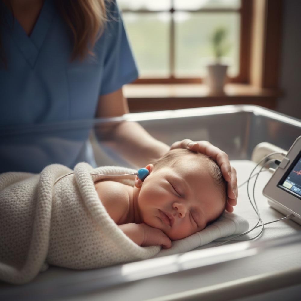 Odyolog tarafından yenidoğanın kulağında OAE probe yerleştirilmesi, işitme taraması görüntüsü